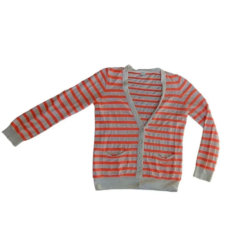 J. Crew Sweater Cardigan Women's Small Orange Cream Striped Long Sleeve Cotton
